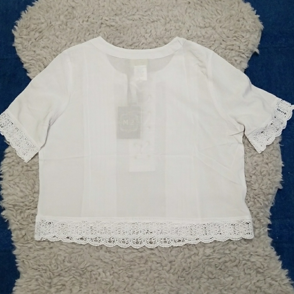 White Boho Pintuck Lace Up Crochet Trim Top - Picture 5 of 6